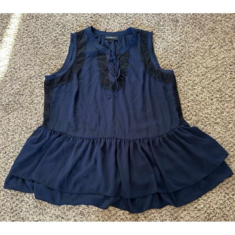 Land Bryant‎ Women's Navy Blue Black Lace sleeveless peplum blouse Size 16
